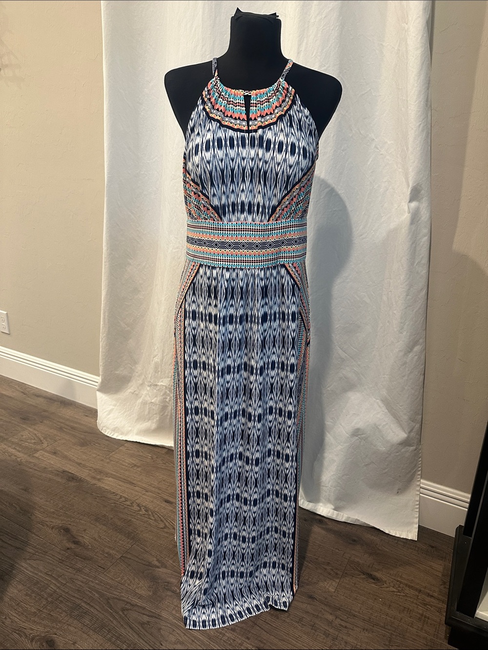 London Style Halter Dress Colorful Geometric Pattern Maxi Dress 12 Petite NWOT